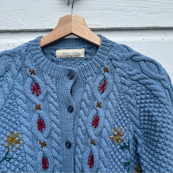 Blue Cable Knit Embroidered Cardigan Sweater - Picture 10 of 11